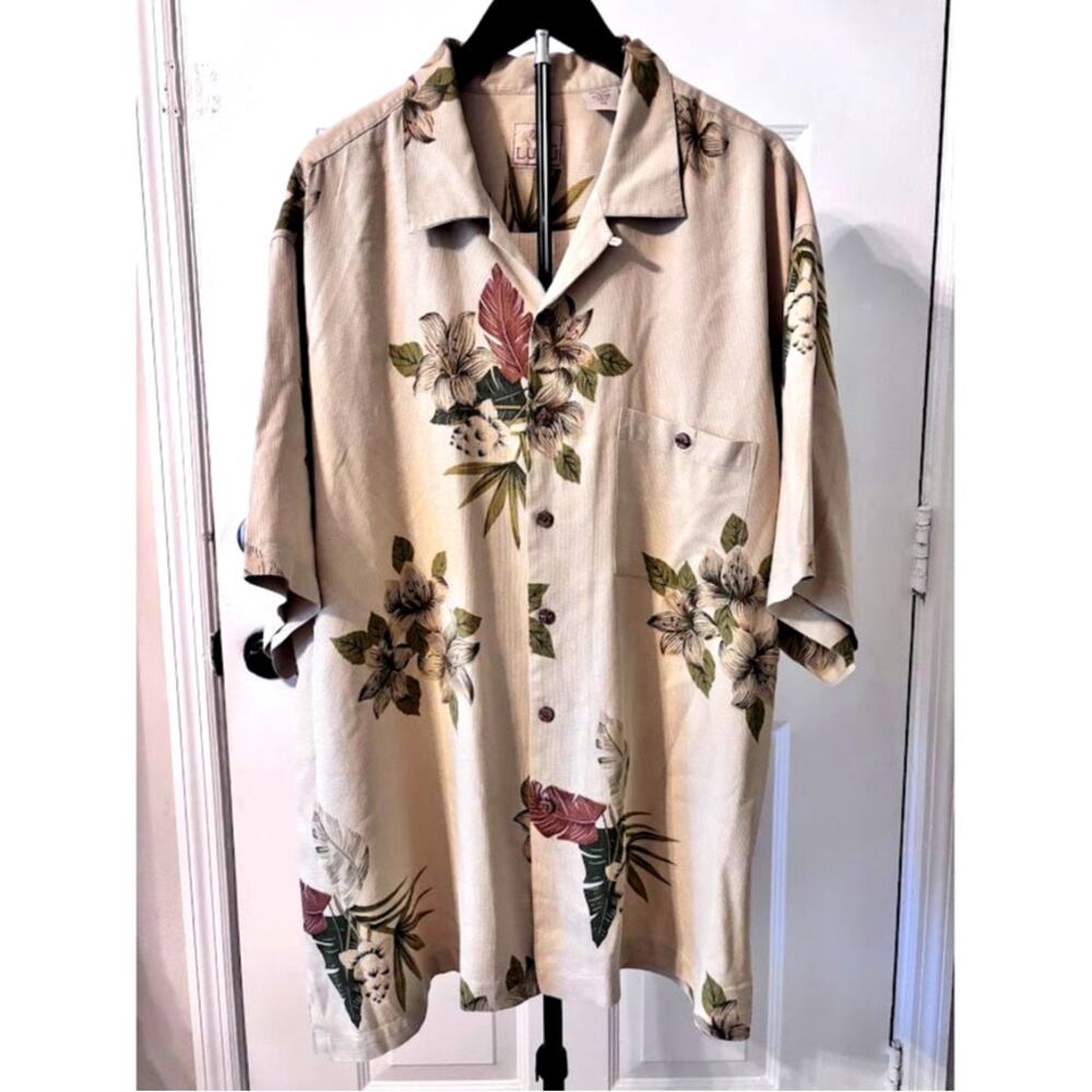 LUAU Hawaiian Camp Shirt Mens 2XL Floral Leaf Light Sage 100% Silk